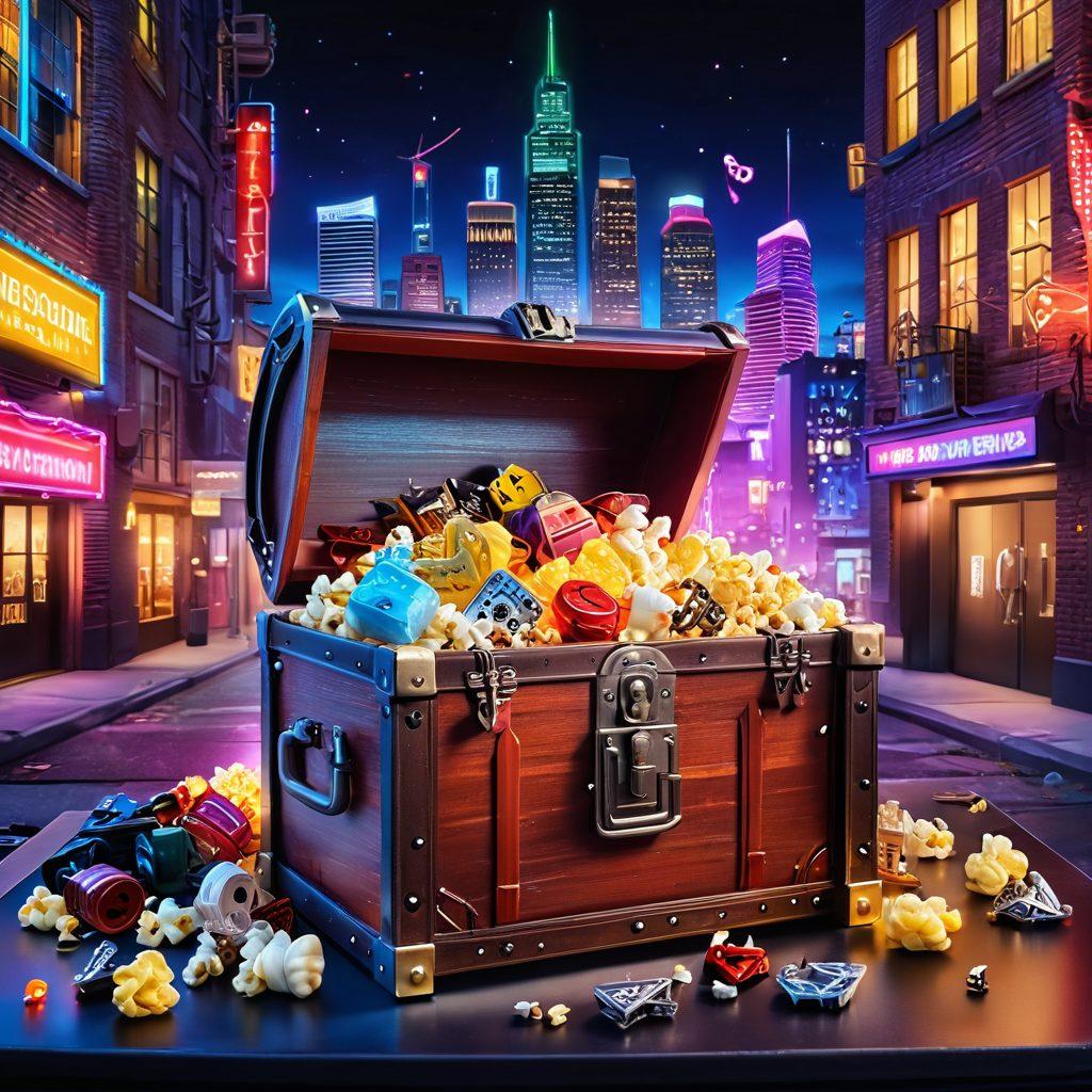 A vibrant and playful scene depicting a key unlocking a treasure chest overflowing with various adult entertainment symbols, such as film reels, heart emojis, and popcorn. The background showcases a neon-lit cityscape representing the 'Big Easy', filled with jazz music notes and colorful party lights. A welcoming atmosphere with an air of curiosity and exploration. super-realistic. vibrant colors. cyberpunk.