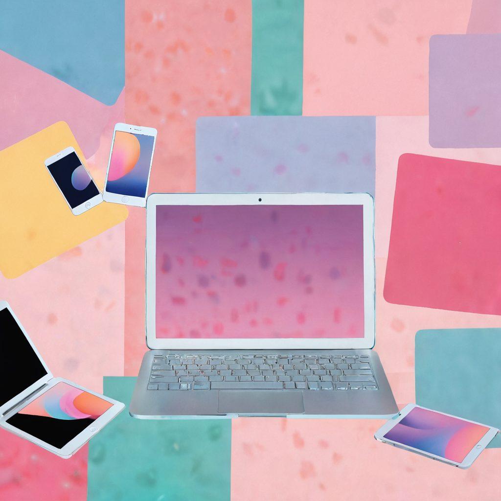 A visually intriguing collage featuring different digital devices like a tablet, smartphone, and laptop displaying abstract representations of erotic art. The background is a soft gradient of pastel colors, creating a sense of allure and curiosity. Include subtle hints of anonymous silhouettes to suggest intimacy without revealing identities. The overall mood is playful and exploratory, inviting viewers to navigate the digital landscape of erotic content. vibrant colors. soft focus. modern art.